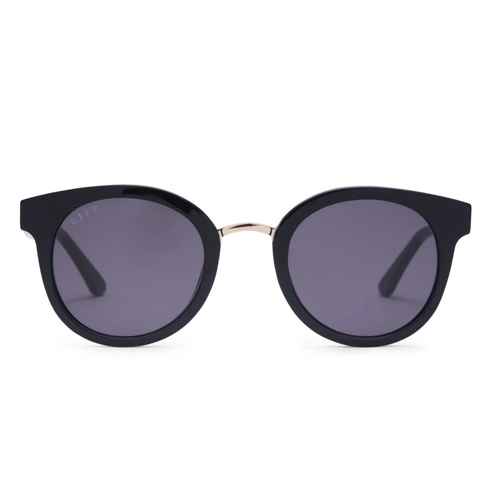 DIFF Eyewear Aubree Sunglasses Black Gold Round Cat Eye Metal Bridge